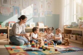 Enfants jouant joyeusement dans une micro-crèche lumineuse à Hérouville