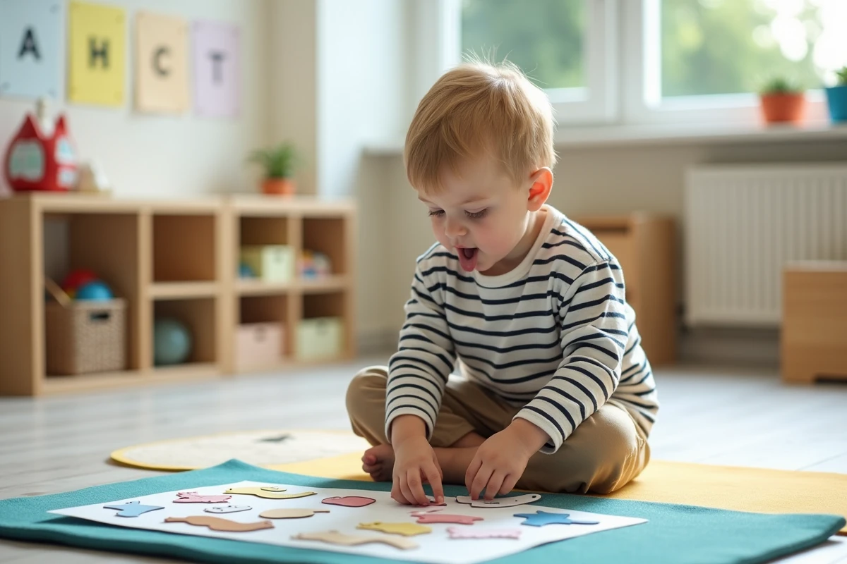 Garçon de 3 ans en train de réaliser une activité maternelle petite section avec des formes animaux à imprimer gratuit