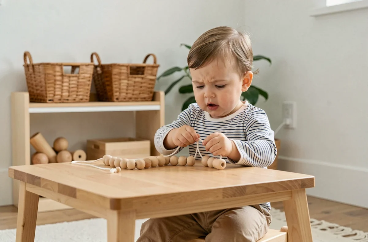 Tout-petit de 16 mois qui enfile des perles en bois sur un fil, activité Montessori pour développer la concentration