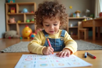 Petite fille de 2 ans concentrée sur une activité de coloriage imprimée adaptée à la maternelle petite section