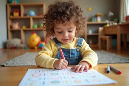 Petite fille de 2 ans concentrée sur une activité de coloriage imprimée adaptée à la maternelle petite section
