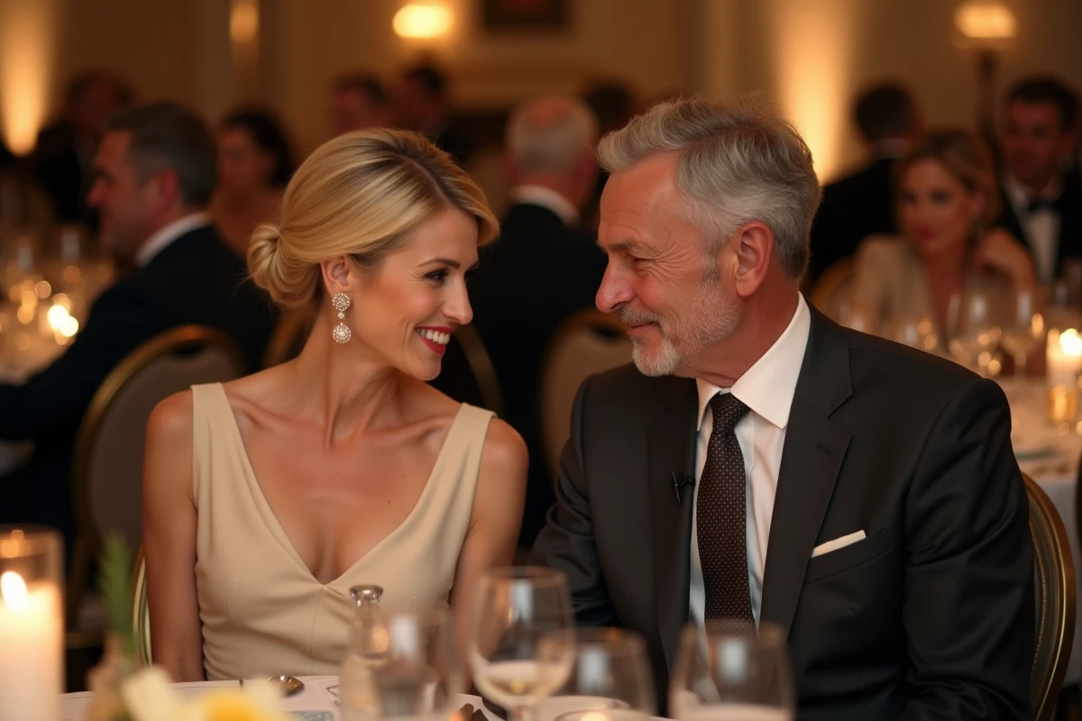 Couple élégant à un événement mondain, femme actrice connue et son mari discrets lors d'une soirée de gala