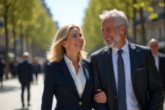 Actrice élégante et son mari se promenant ensemble sur un boulevard parisien, couple discret et complice en public