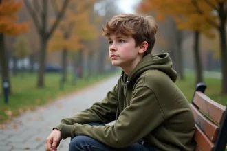 Adolescent discret assis dans un parc en automne, regard pensif et tenue décontractée, portrait éditorial réaliste