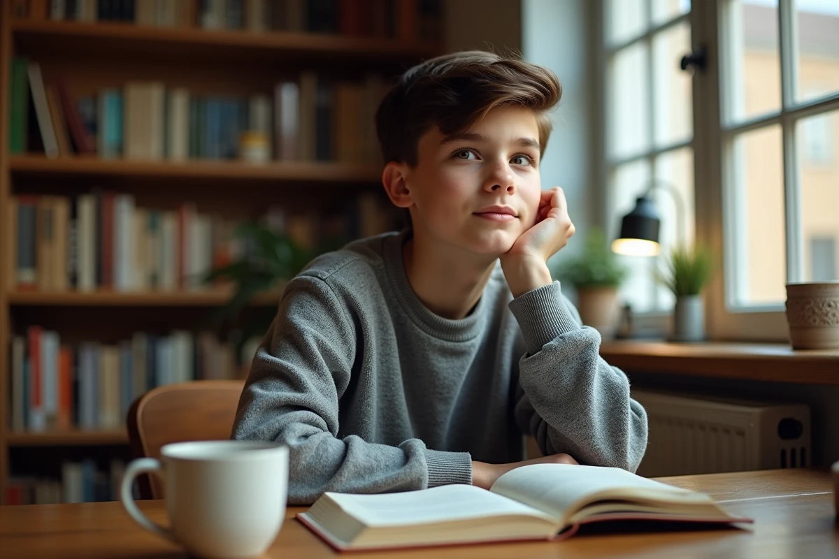 Adolescent studieux dans une bibliothèque familiale, ambiance intime et discrète, portrait réaliste éditorial