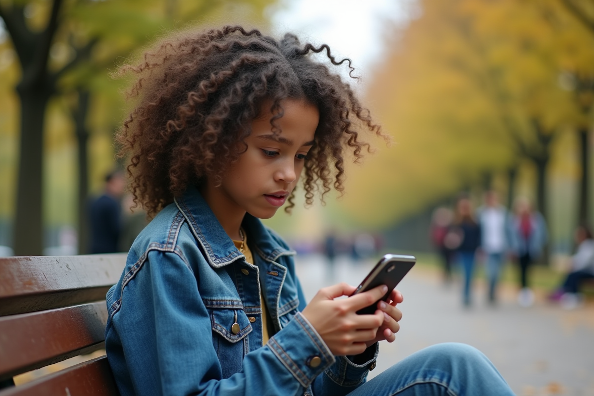 Fille adolescente assise sur un banc dans un parc avec son téléphone