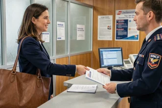 Femme déposant un dossier famille SNCF au guichet d'une agence en gare d'Amiens
