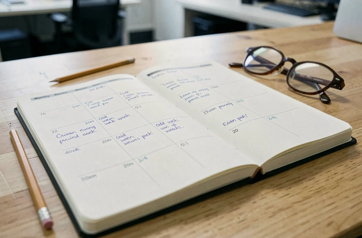 Agenda papier ouvert avec annotations manuscrites des semaines paires et impaires sur un bureau en chêne