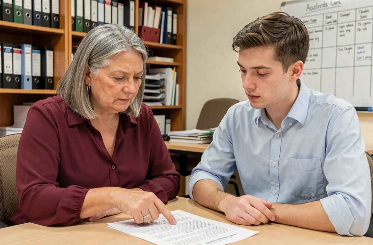 Conseillère associative aidant une personne handicapée à comprendre ses droits au cumul AAH et indemnités chômage