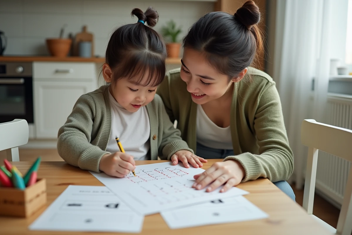 Maman aidant son enfant de 2 ans à tracer des lettres sur une fiche d'activité petite section maternelle imprimée à la maison