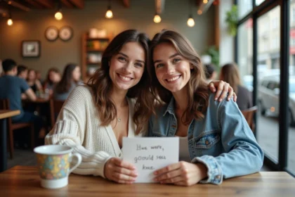 Deux jeunes femmes souriantes autour d un café pour un anniversaire
