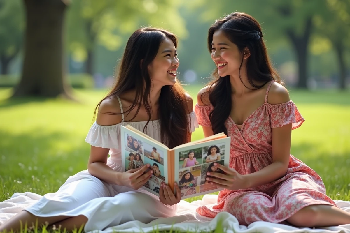 Amies riant avec un scrapbook dans un parc en été