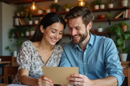 Deux amis souriants lisant une carte d anniversaire dans un café