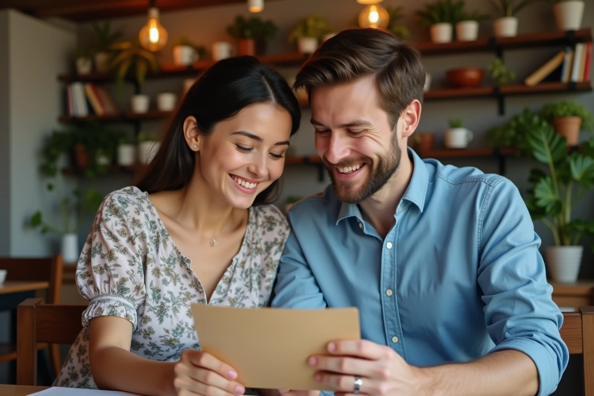 Deux amis souriants lisant une carte d anniversaire dans un café