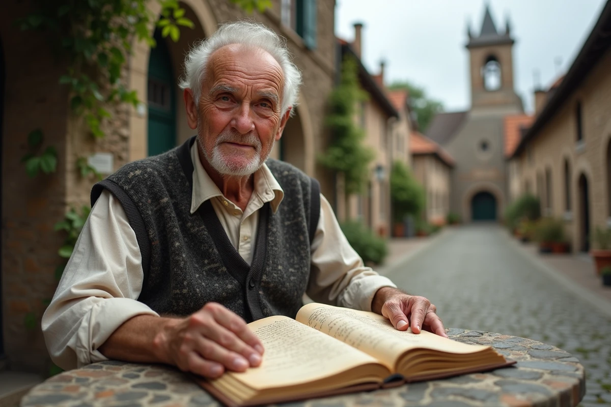 Vieil homme consultant un registre familial manuscrit dans un village européen pour explorer les origines du patronyme Albrad