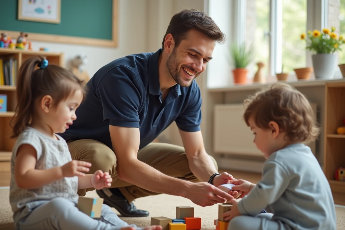 Animateur jouant avec des tout-petits dans la crèche