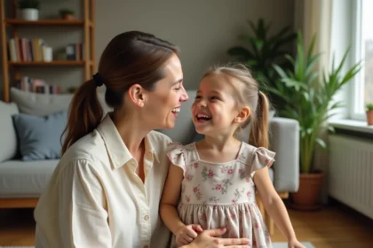 Femme proposée comme marraine partageant un moment complice et riant avec une petite fille dans un salon chaleureux