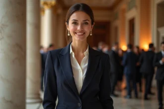 Femme élégante en blazer marine lors d'une apparition publique dans un lieu institutionnel