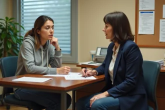 Assistante sociale recevant une femme en situation de détresse dans un bureau de service social