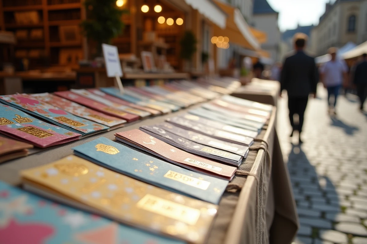 Assortiment de cartes à gratter personnalisées thématiques exposées sur table de marché artisanal en plein air