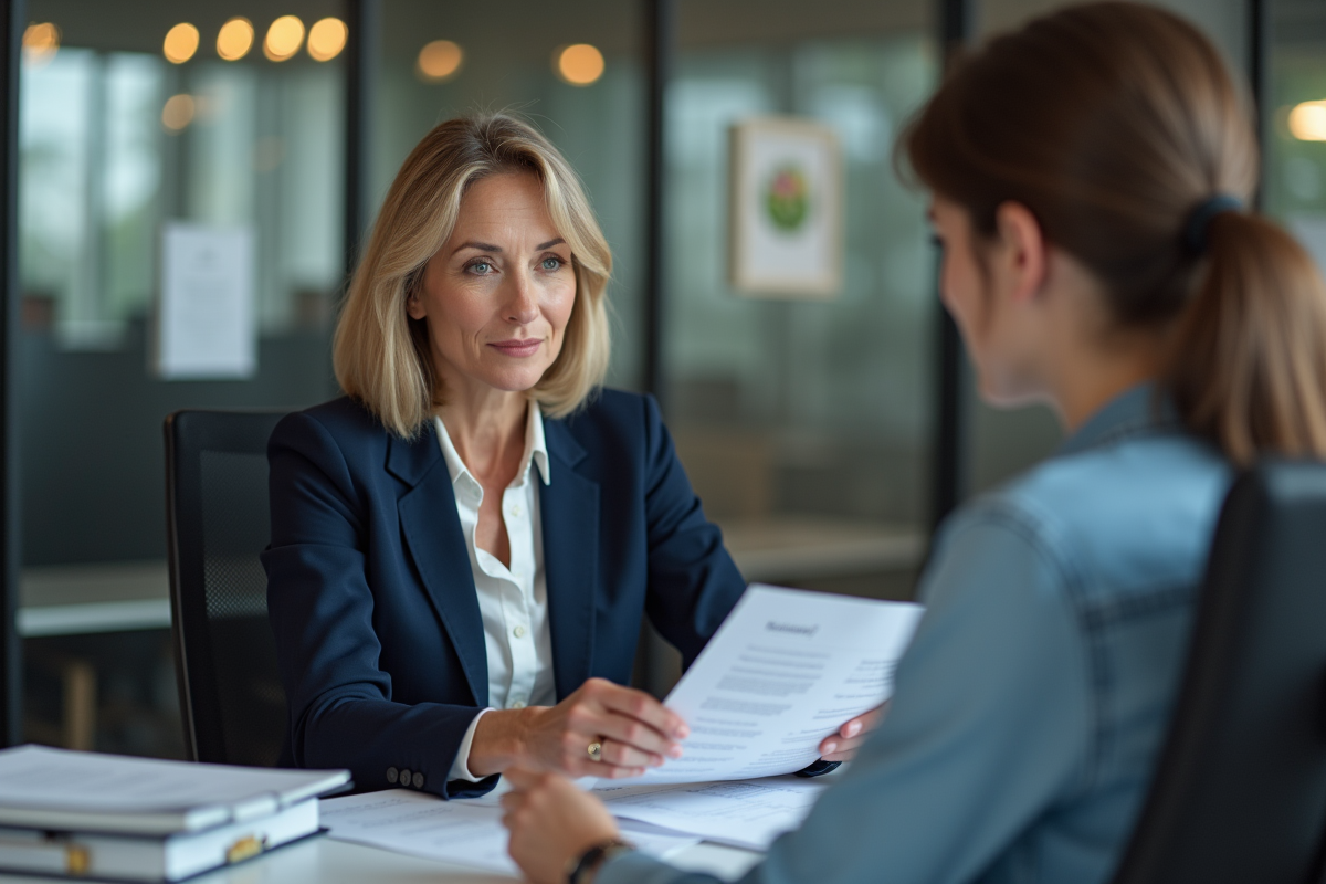 Avocate et client étudiant des documents juridiques