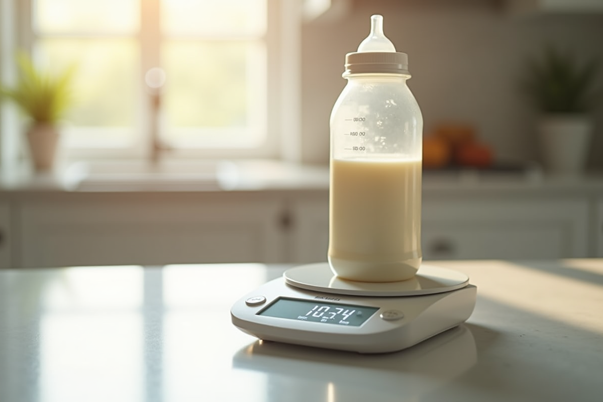 Balance de cuisine avec biberon de lait vu du dessus