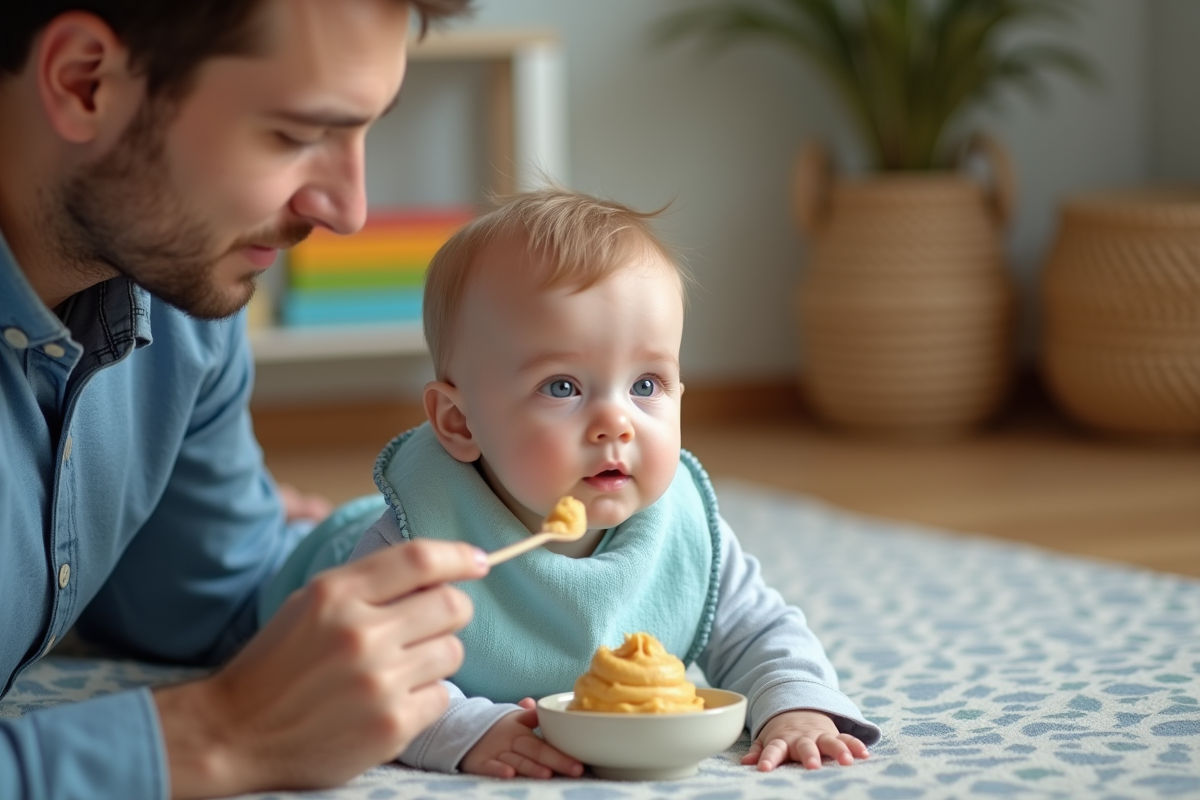 Bebe garçon sur tapis de jeu avec papa dans le salon
