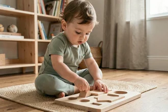 Bébé de 14 mois concentré sur un jouet Montessori en bois de tri de formes géométriques sur un parquet naturel