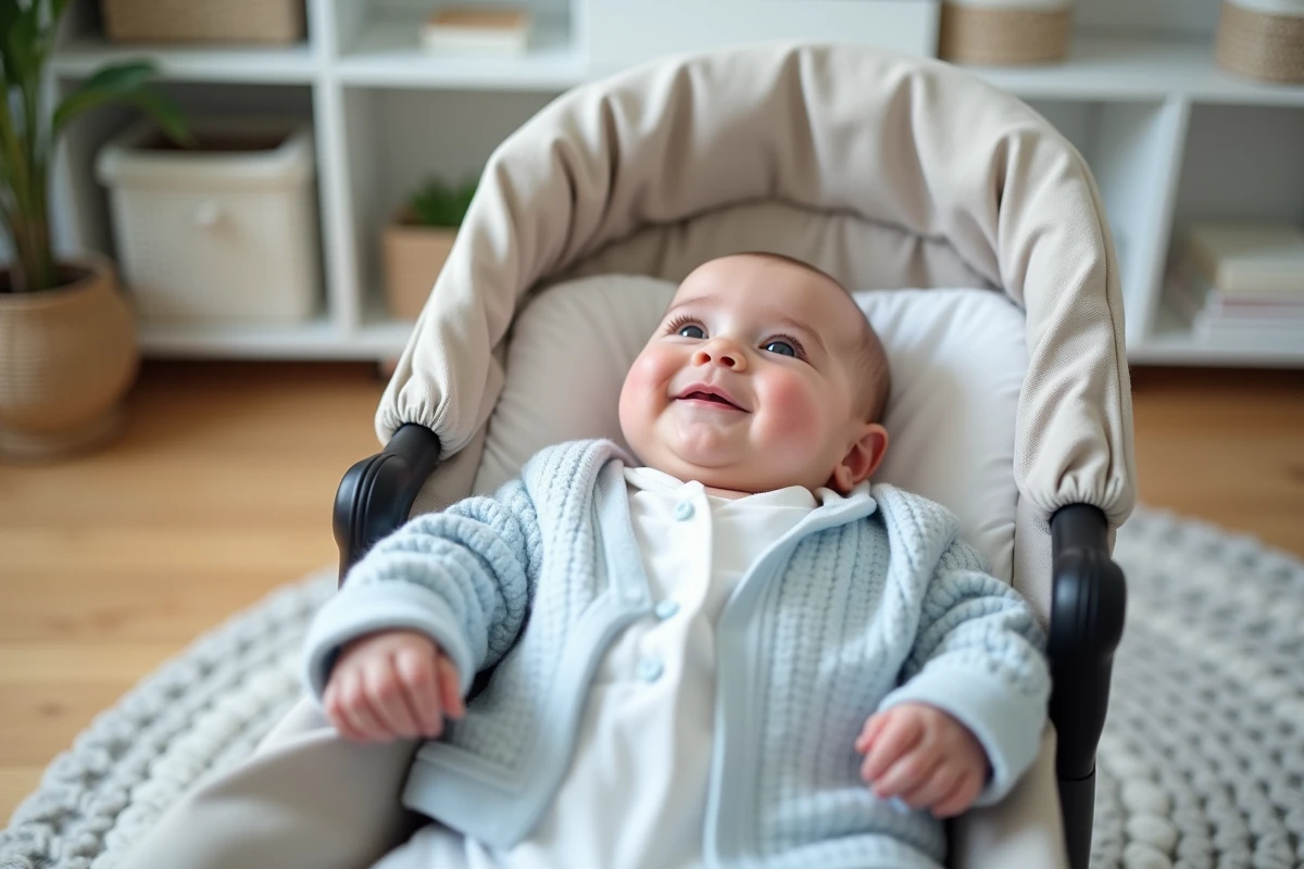 Bébé installé dans le nacelle d'une poussette 4 en 1 évolutive en mode nouveau-né