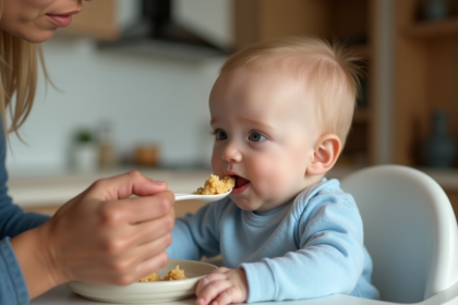 Bébé de quatre mois en body bleu clair regardant une cuillère de purée
