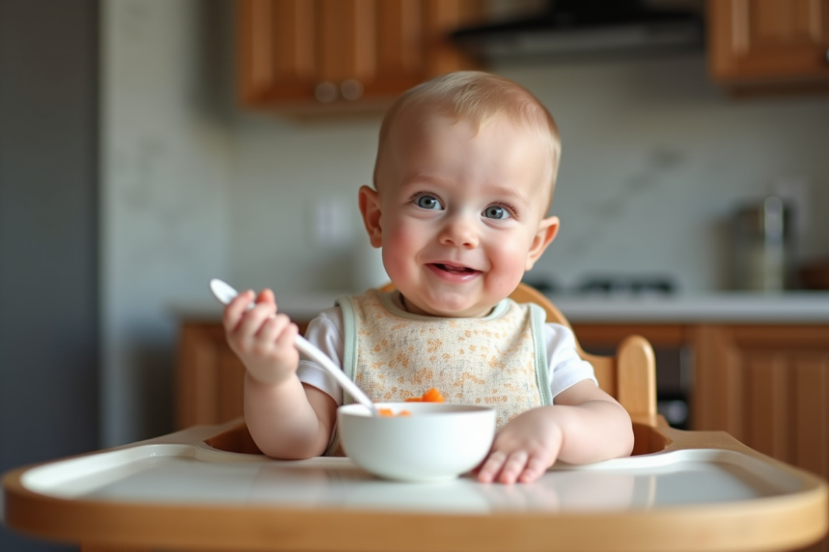 Bébé de six mois mangeant de la purée de carotte dans une salle de cuisine