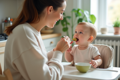 Bebe fille en poussette avec maman dans la cuisine