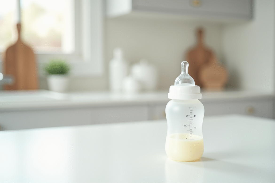 Zoom sur un biberon bébé sur comptoir blanc lumineux