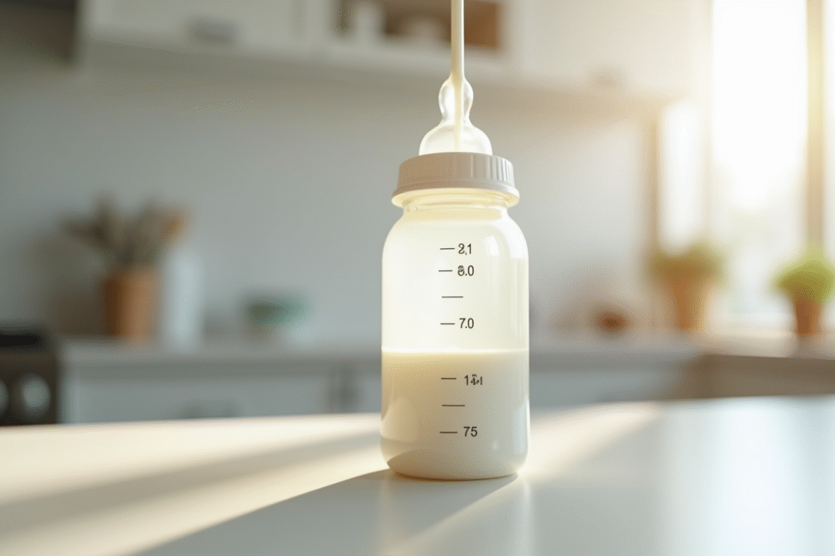 Biberon de bébé rempli de lait sur comptoir lumineux