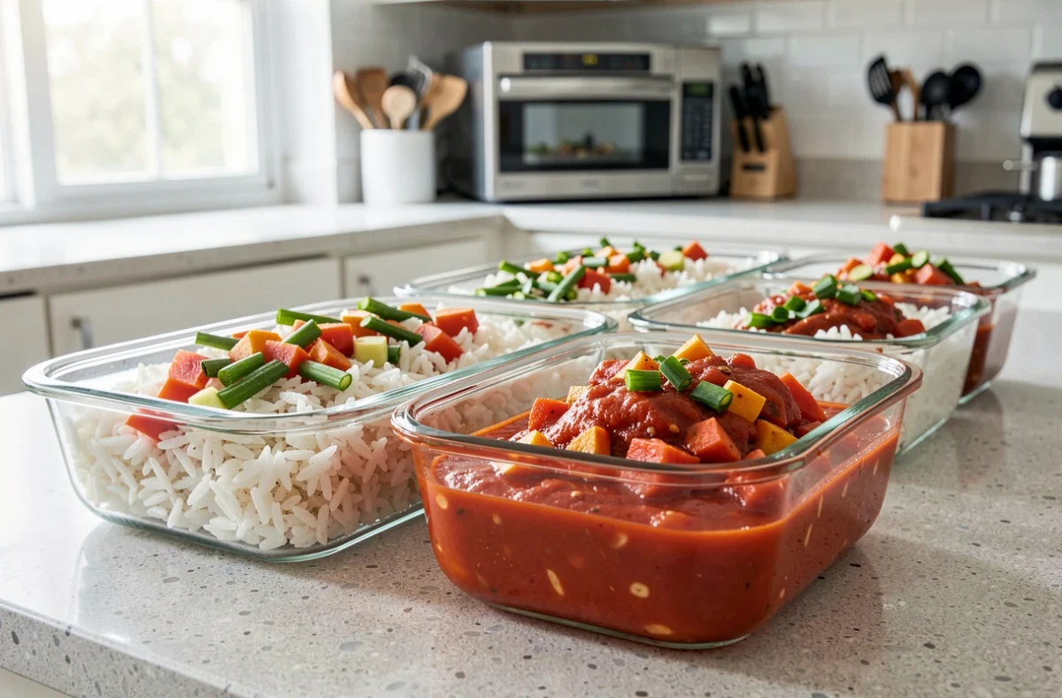 Boîtes en verre remplies de riz, de légumes taillés et de sauce tomate