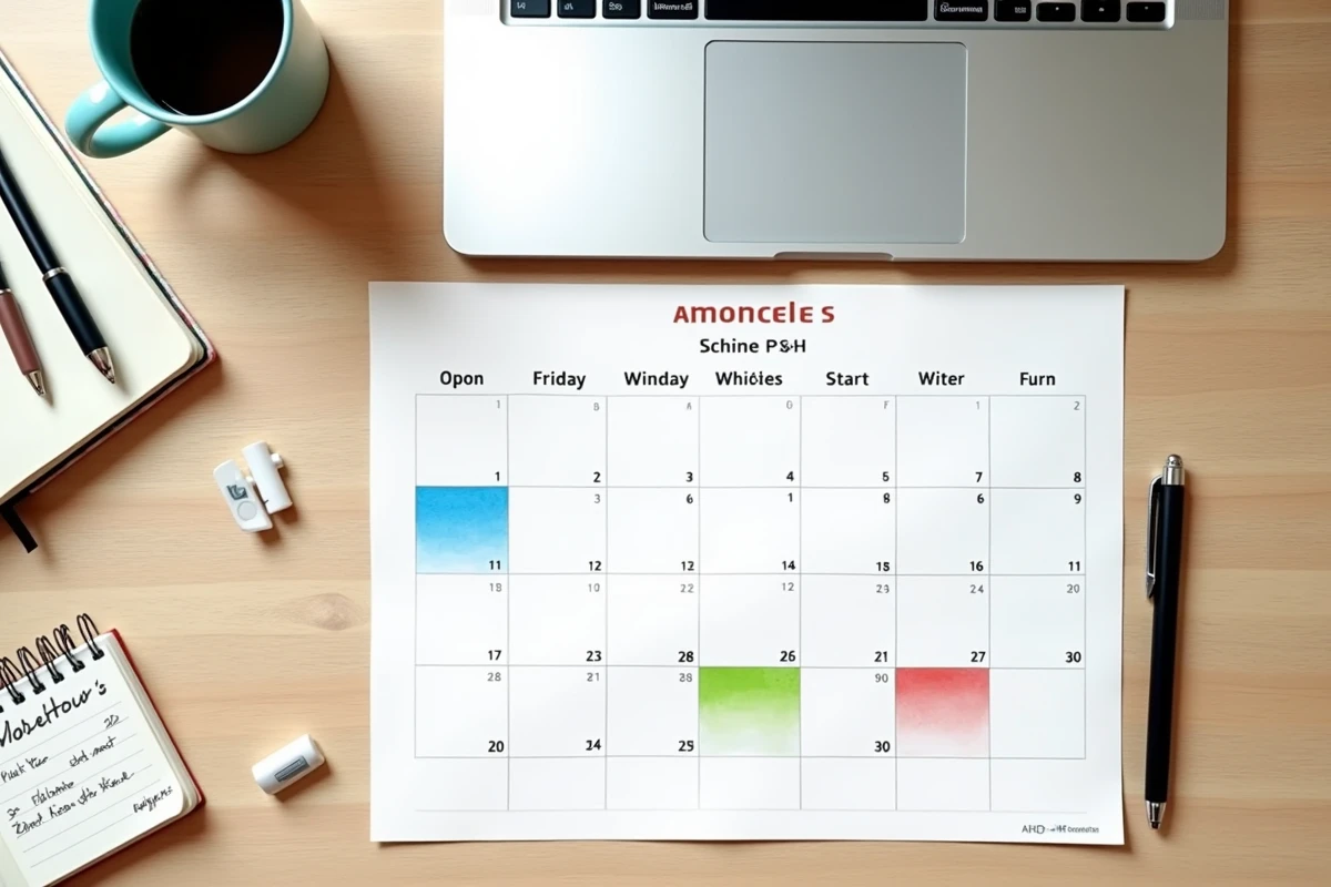 Vue aérienne d'un calendrier scolaire avec zones A B C sur un bureau pour planifier les vacances