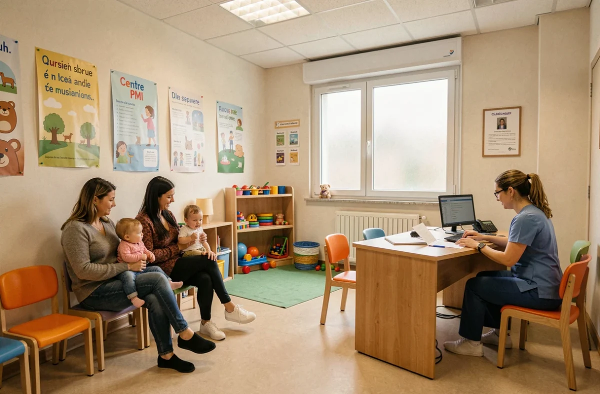Salle d'attente du Centre de PMI d'Alès avec familles et personnel soignant