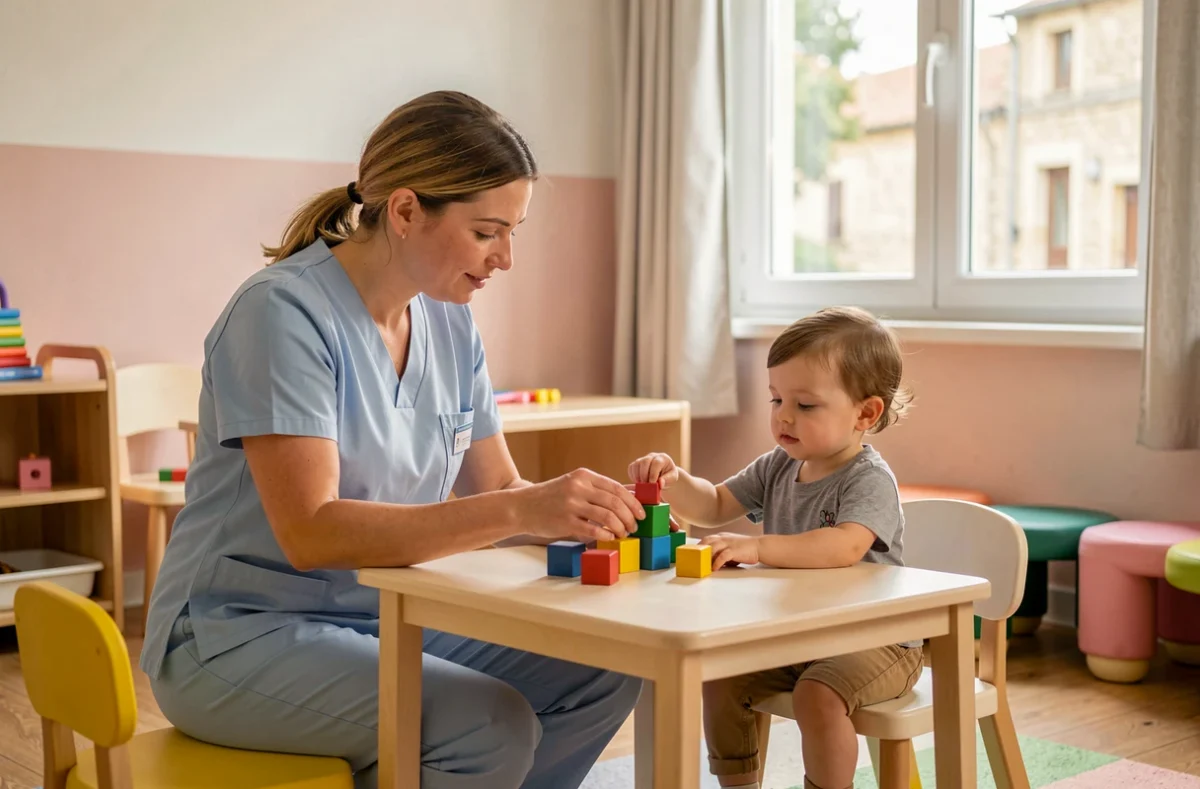 Professionnel de santé du Centre de PMI de Bagnols-sur-Cèze en évaluation avec un jeune enfant