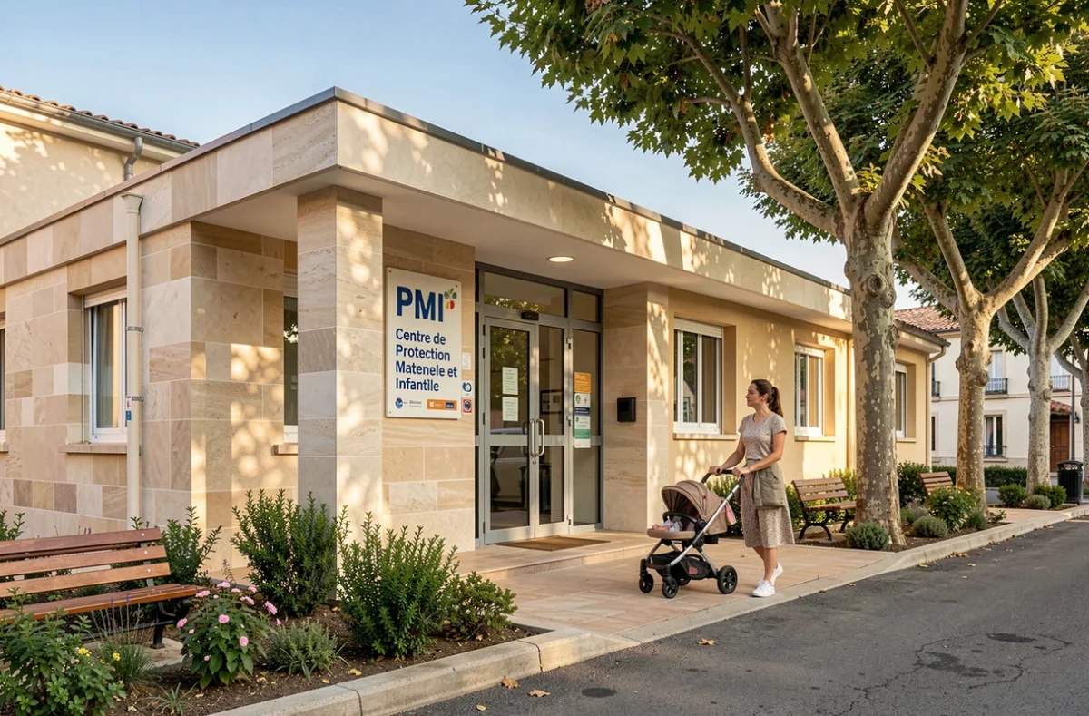 Entrée du Centre de Protection Maternelle et Infantile de Nîmes avec une mère et son enfant