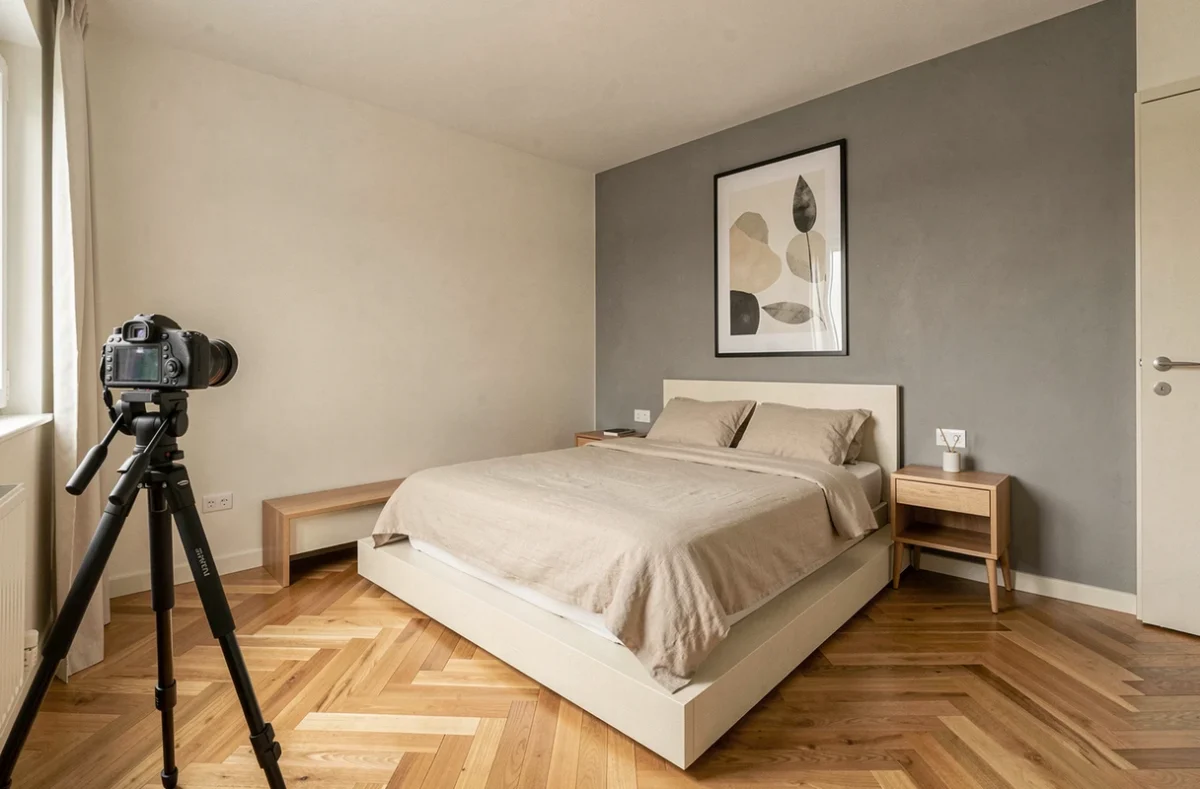 Chambre d'appartement contemporain mise en scène pour une séance photo immobilière professionnelle