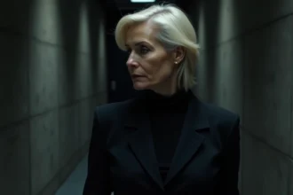 Portrait mystérieux d'une chanteuse iconique française aux cheveux platine dans les coulisses d'une scène parisienne