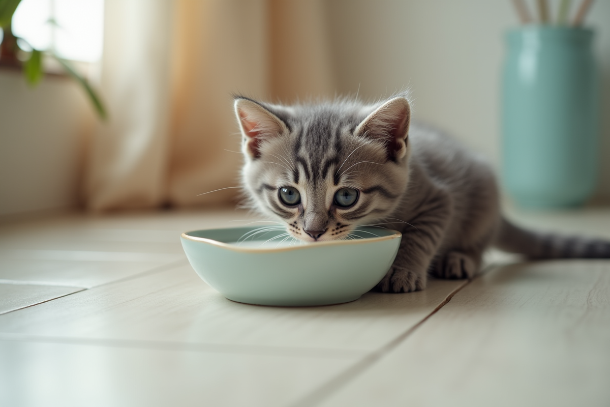 Petit chaton gris buvant du lait dans un bol