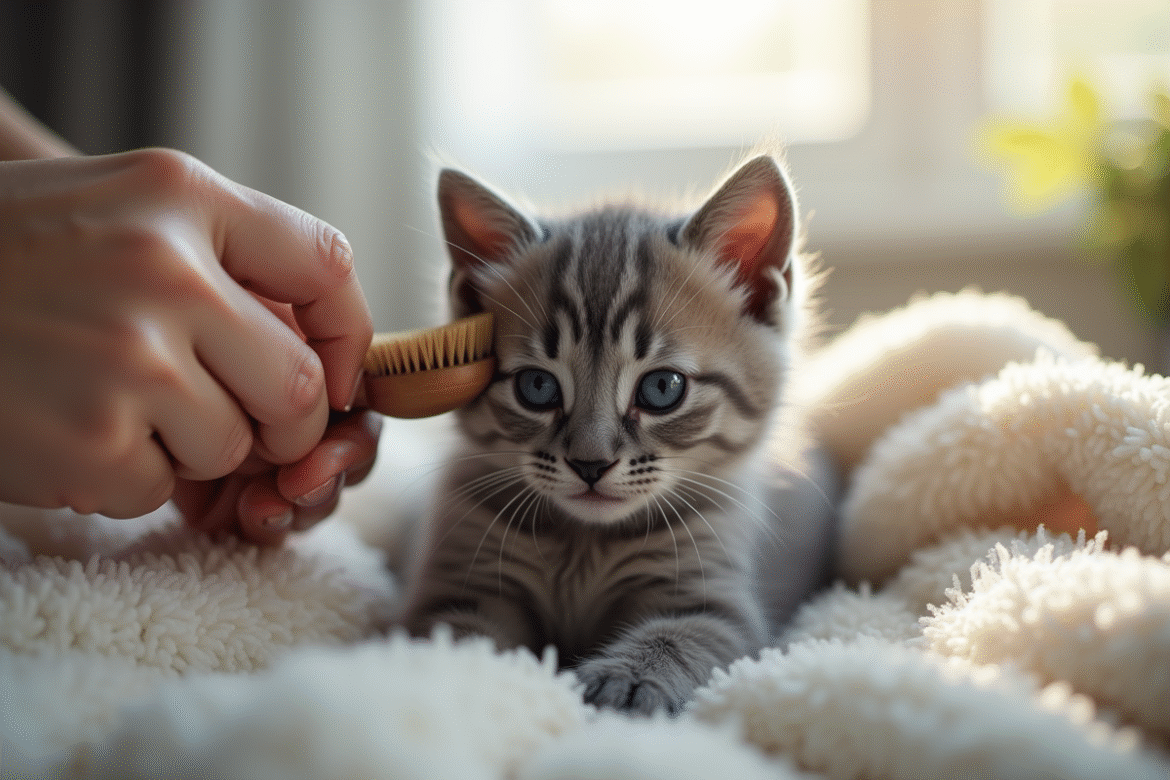 Chaton gris being groomed with soft brush
