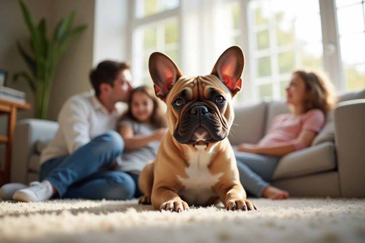 Bulldog français exotique en famille dans un salon lumineux