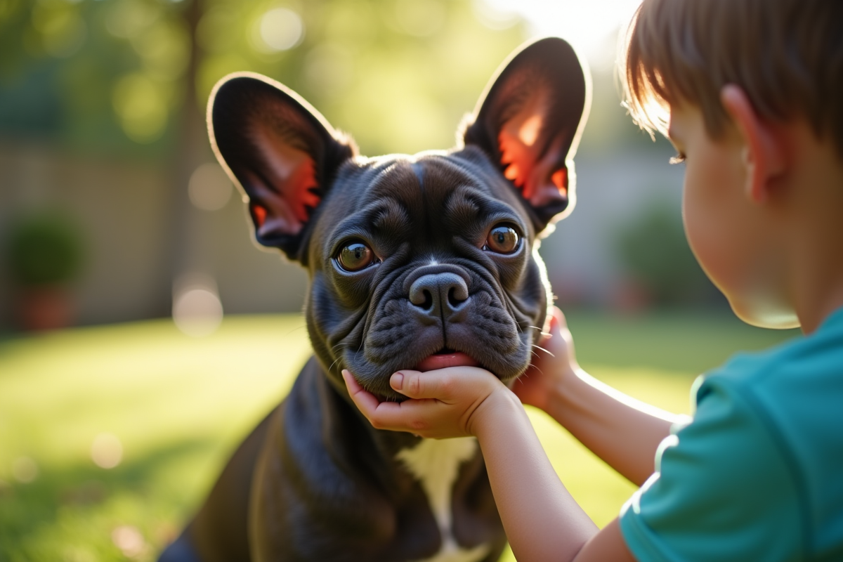 Jeune enfant caressant un bulldog français dans le jardin