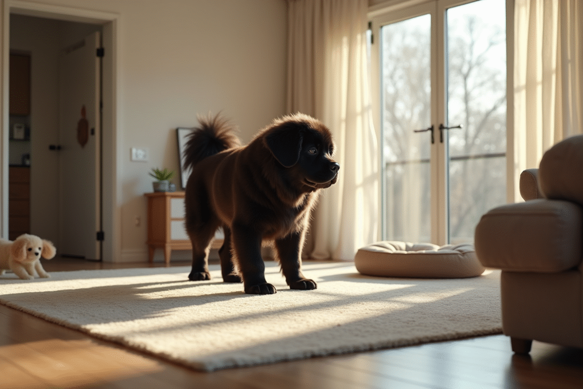 Chien Newfoundland explorant un salon moderne lumineux