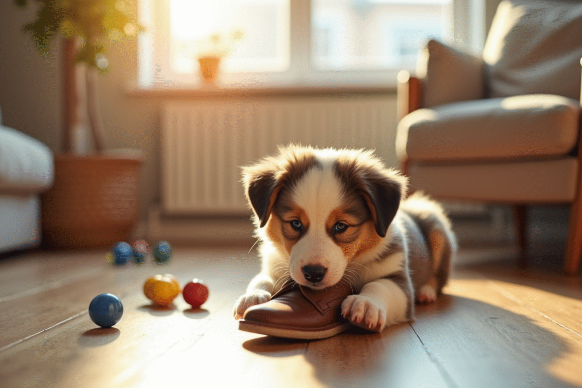 Chiot Australian Shepherd mordant une chaussure dans un salon cosy