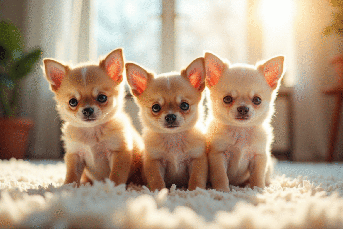 Chiots chihuahua joueurs sur tapis lumineux
