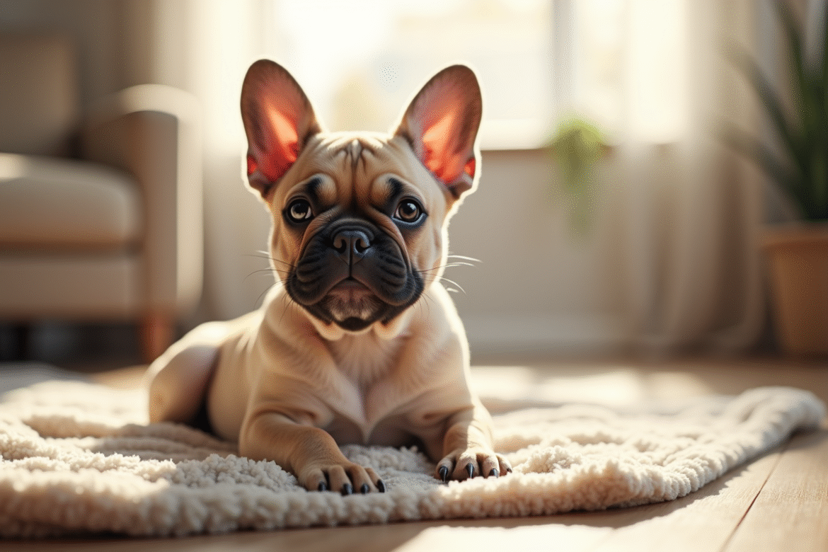 Chiot french bulldog assis sur un coussin lumineux