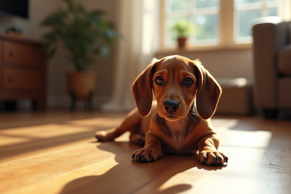 Un chiot teckel aux yeux expressifs allongé sur le sol en bois
